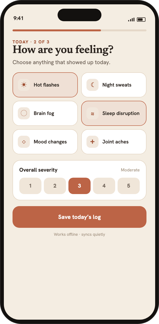 Liora's daily logging screen: a grid of symptom options like hot flash and brain fog, with a 1-to-5 severity scale